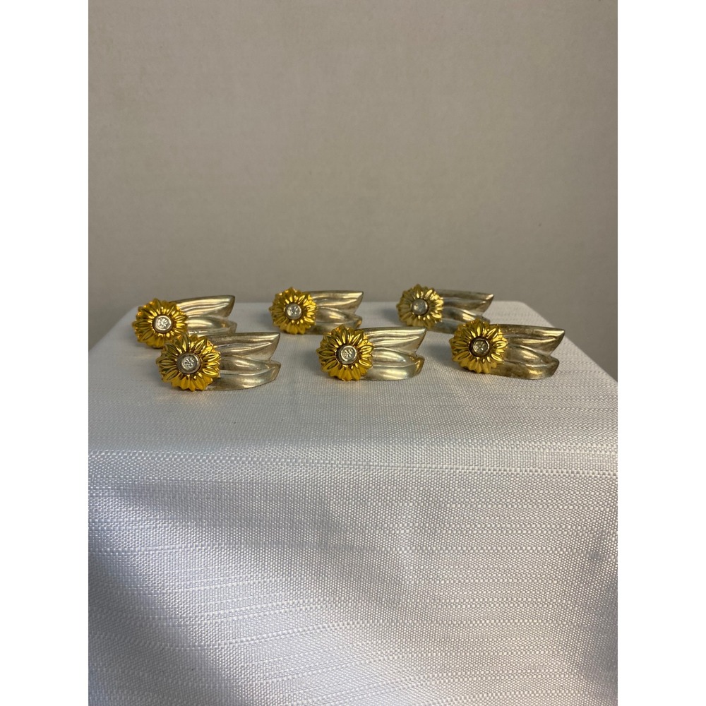 Set of 6 Gold Sunflower Napkin Rings with Rhinestone Center Table Decor